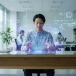 Un homme utilise une interface holographique futuriste avec des graphiques de cerveau dans un bureau moderne.