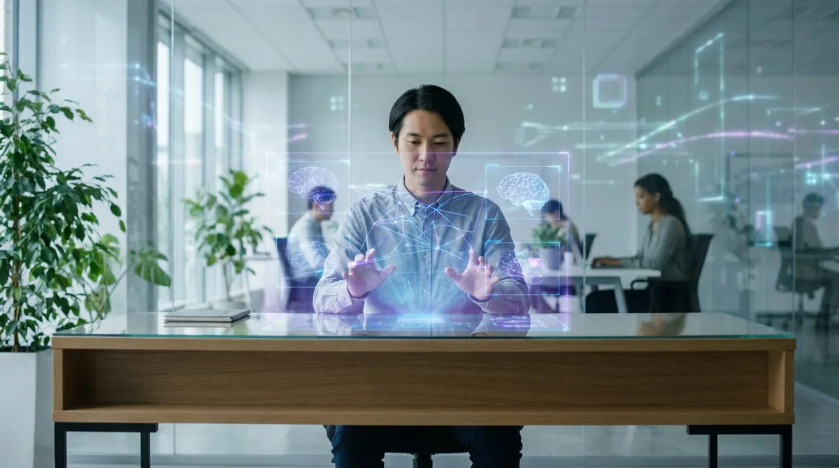 Un homme utilise une interface holographique futuriste avec des graphiques de cerveau dans un bureau moderne.