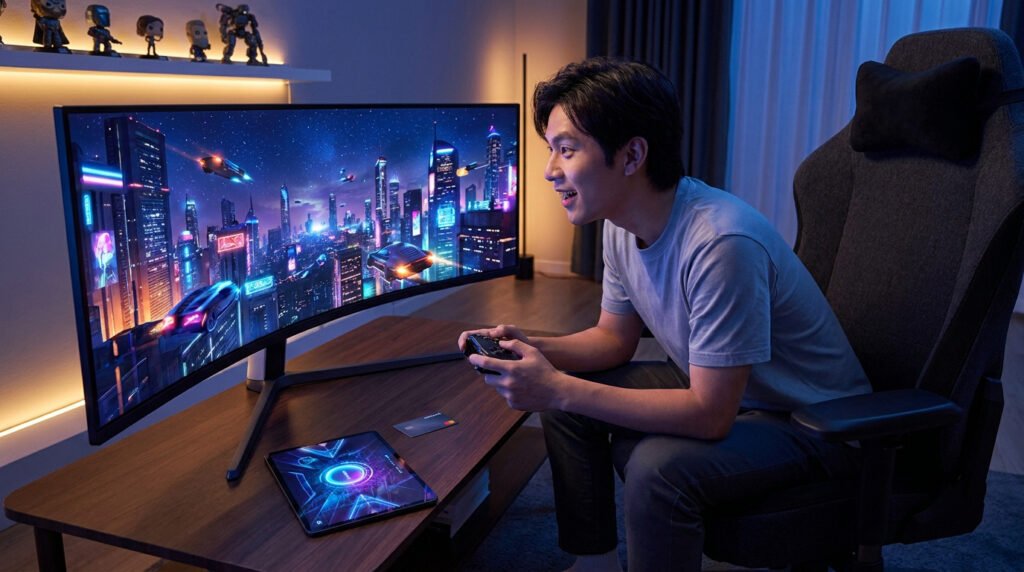 Un jeune homme joue à un jeu vidéo futuriste sur un écran incurvé ultra-large dans une pièce moderne.