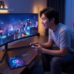 Un jeune homme joue à un jeu vidéo futuriste sur un écran incurvé ultra-large dans une pièce moderne.