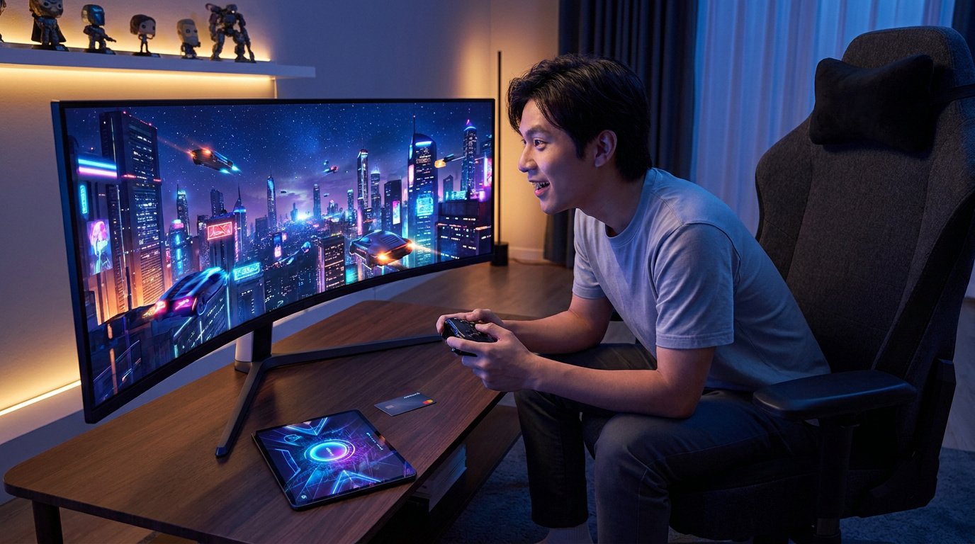 Un jeune homme joue à un jeu vidéo futuriste sur un écran incurvé ultra-large dans une pièce moderne.