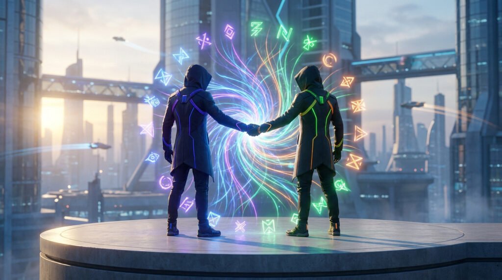 Deux personnages à capuche se rejoignant devant un portail d'énergie lumineuse au cœur d'une cité futuriste.