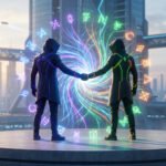 Deux personnages à capuche se rejoignant devant un portail d'énergie lumineuse au cœur d'une cité futuriste.