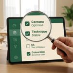 Une main tenant une loupe au-dessus d'une tablette affichant une liste de contrôle d'audit web pour PME.