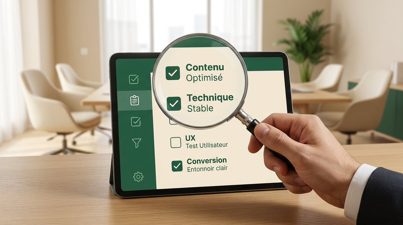 Une main tenant une loupe au-dessus d'une tablette affichant une liste de contrôle d'audit web pour PME.
