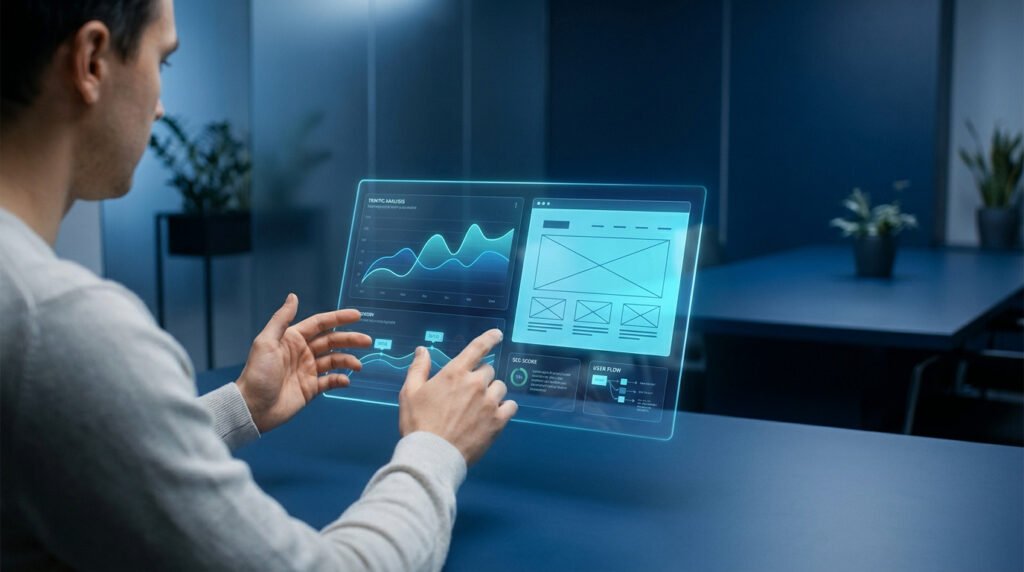 Homme consultant un tableau de bord numérique holographique avec des graphiques de performance pour l'audit d'un site.