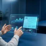 Homme consultant un tableau de bord numérique holographique avec des graphiques de performance pour l'audit d'un site.