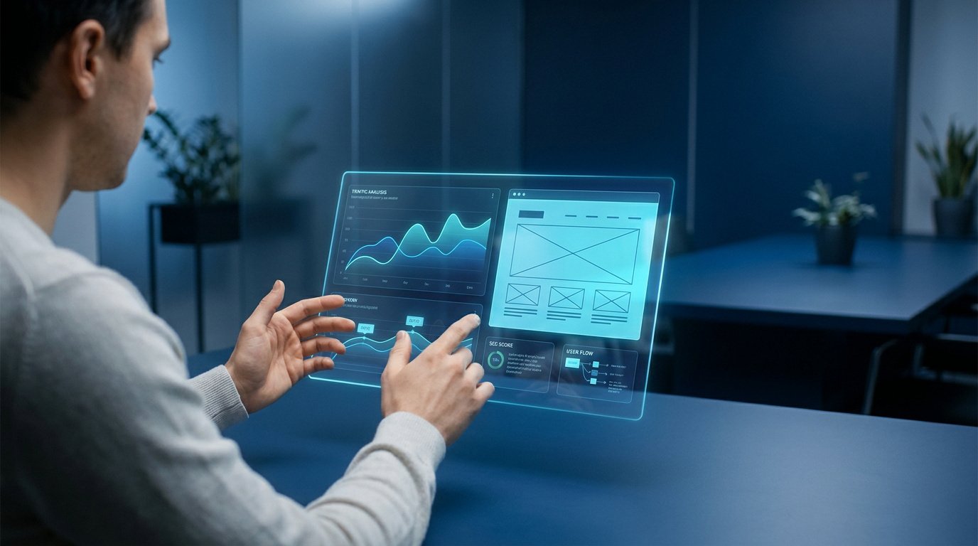Homme consultant un tableau de bord numérique holographique avec des graphiques de performance pour l'audit d'un site.