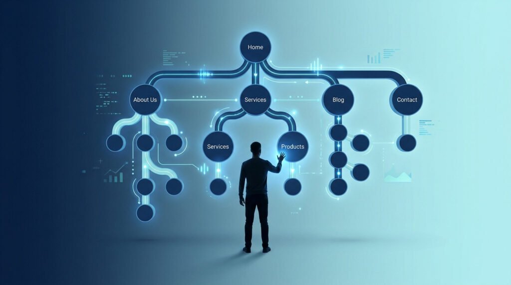 Un homme interagissant avec un organigramme lumineux représentant l'arborescence d'un site web sur fond bleu.