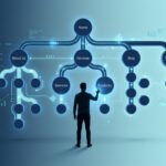 Un homme interagissant avec un organigramme lumineux représentant l'arborescence d'un site web sur fond bleu.