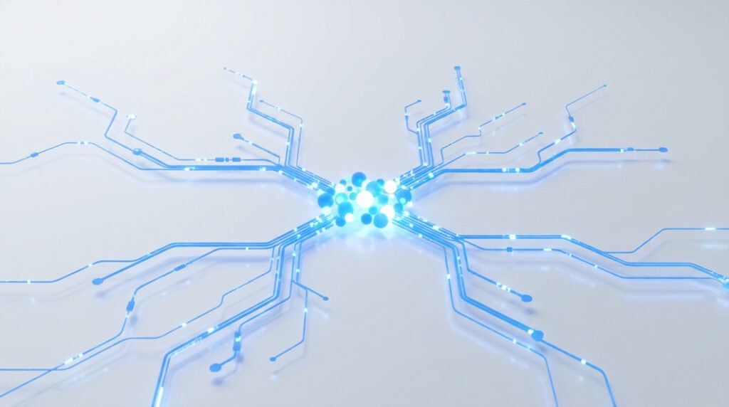 Réseau de circuits imprimés bleus lumineux convergeant vers un noyau central de sphères brillantes sur fond blanc.