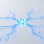 Réseau de circuits imprimés bleus lumineux convergeant vers un noyau central de sphères brillantes sur fond blanc.