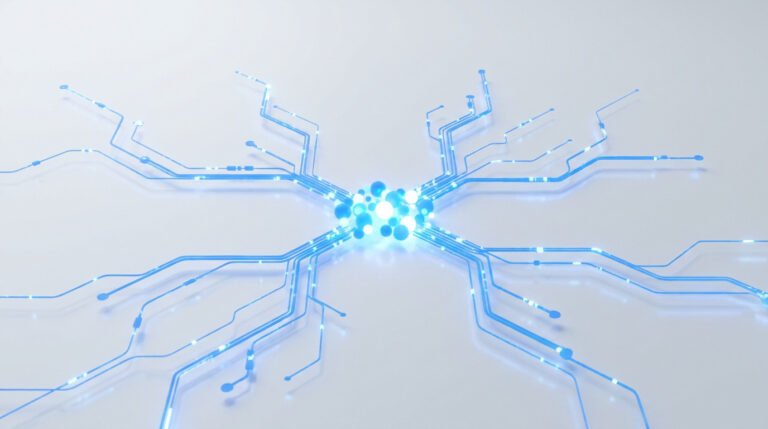 Réseau de circuits imprimés bleus lumineux convergeant vers un noyau central de sphères brillantes sur fond blanc.