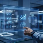 Interface numérique montrant les indicateurs clés d'un audit de site web : SEO, performance, UX et sécurité.