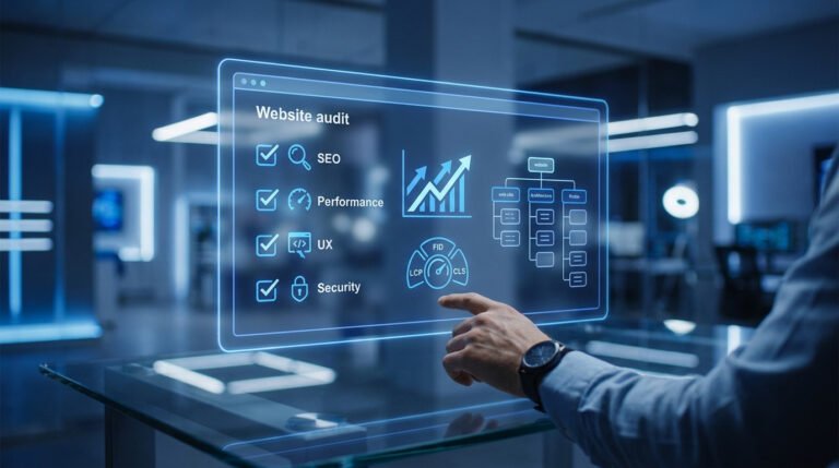 Interface numérique montrant les indicateurs clés d'un audit de site web : SEO, performance, UX et sécurité.
