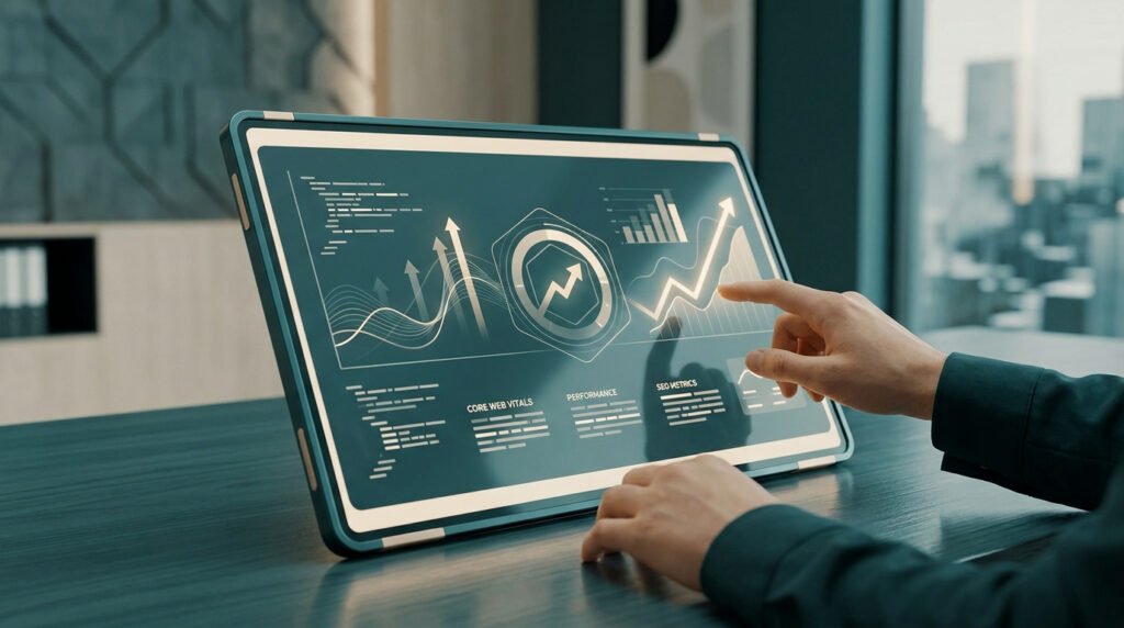 Main interagissant avec un tableau de bord numérique affichant des métriques SEO et des graphiques de performance web.