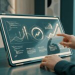 Main interagissant avec un tableau de bord numérique affichant des métriques SEO et des graphiques de performance web.