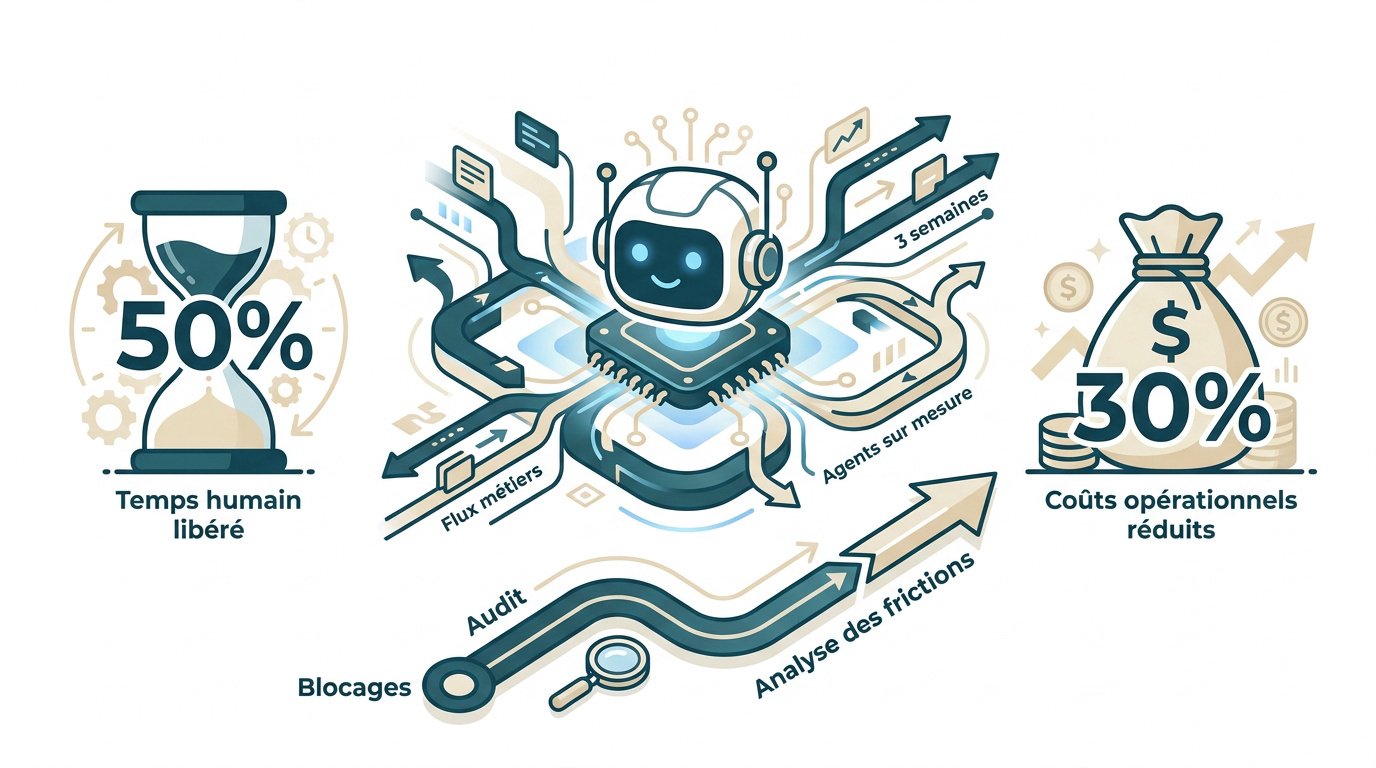 Schéma illustrant les gains de temps et de coûts grâce à l'automatisation IA pour une PME