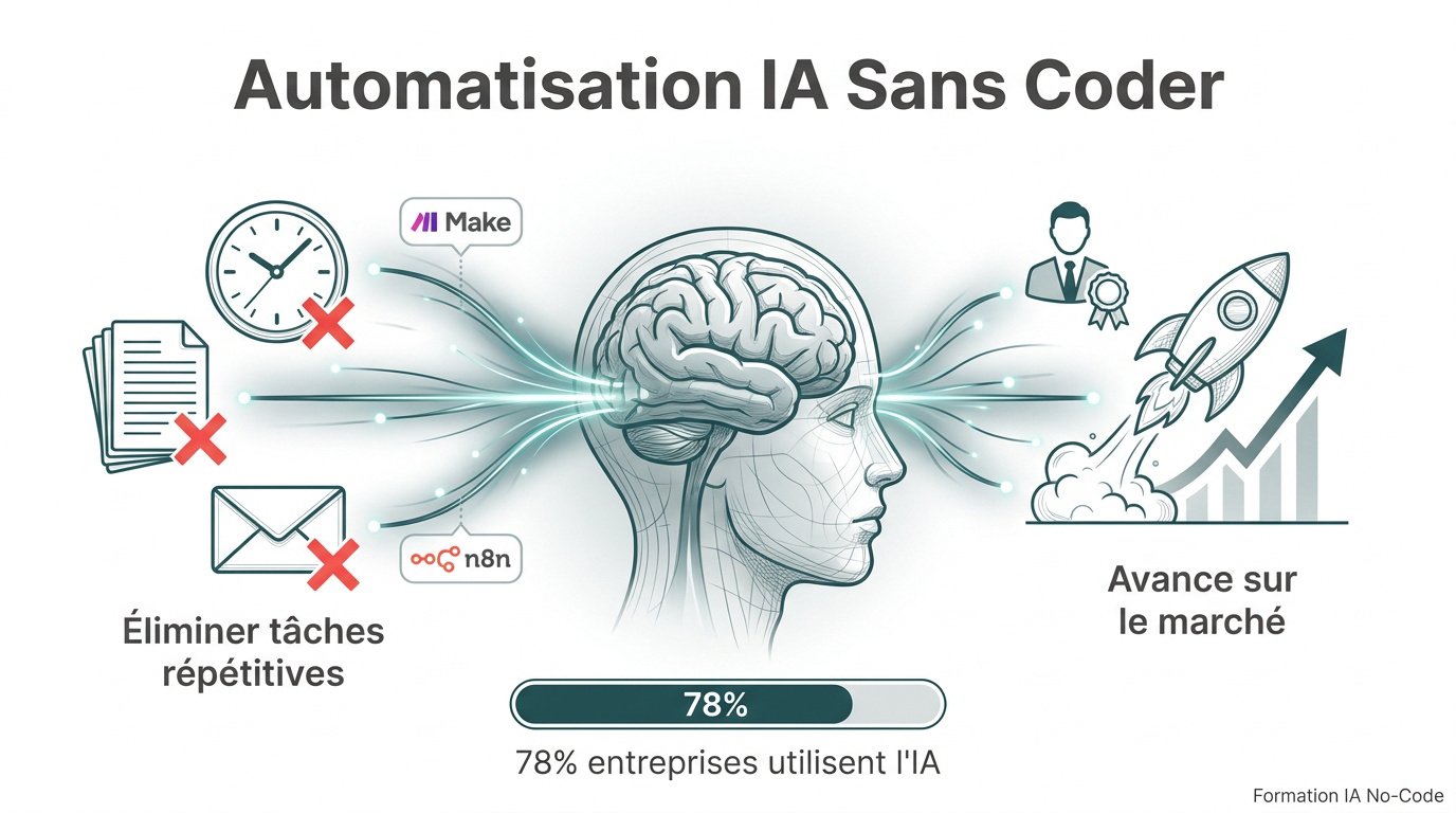 Schéma d'un workflow d'automatisation IA sans code connectant différents outils métiers