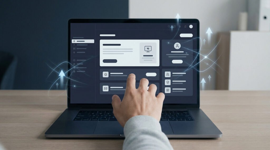 Une main utilisant un ordinateur portable affichant une interface de gestion avec des flèches de progression lumineuses.