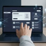 Une main utilisant un ordinateur portable affichant une interface de gestion avec des flèches de progression lumineuses.