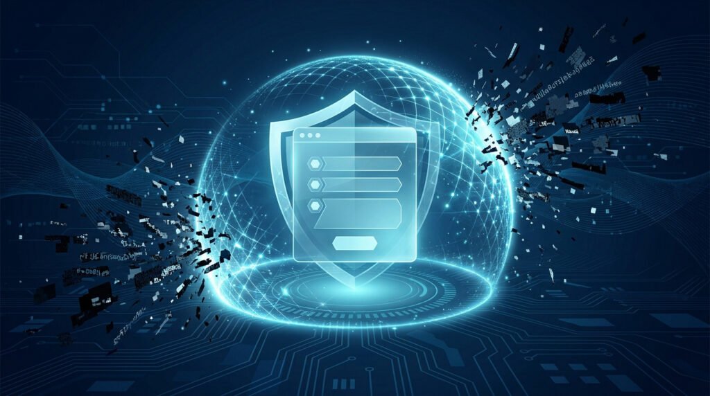 Un bouclier numérique protégeant un formulaire web au sein d'une sphère lumineuse sur fond technologique.