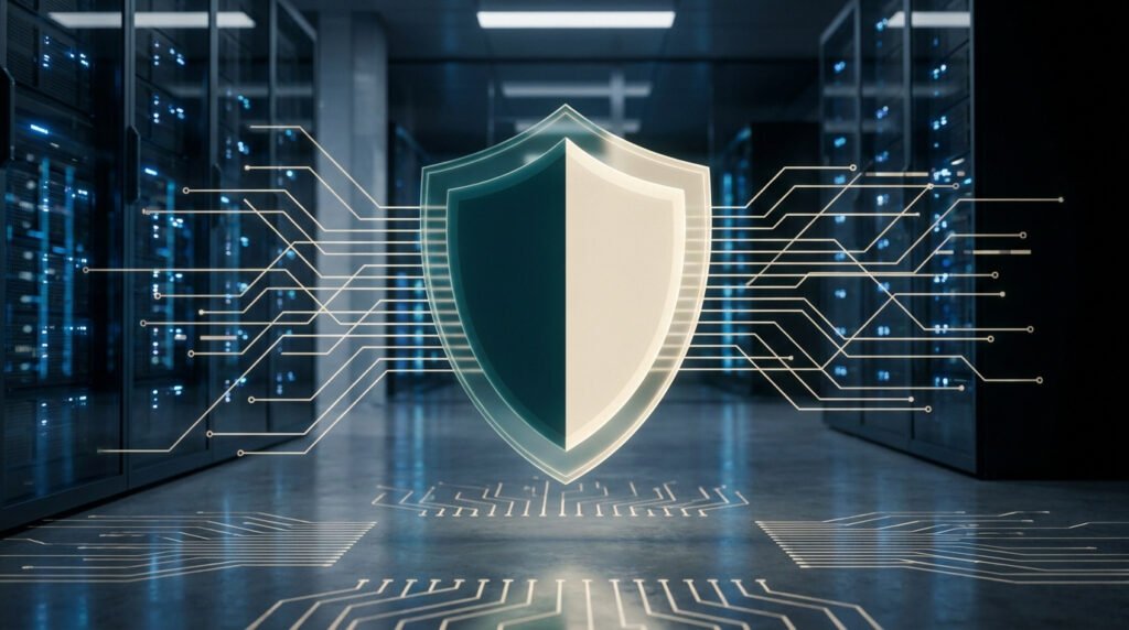 Un bouclier numérique brillant devant des serveurs informatiques avec des circuits électroniques lumineux.