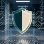 Un bouclier numérique brillant devant des serveurs informatiques avec des circuits électroniques lumineux.