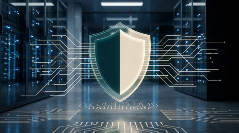 Un bouclier numérique brillant devant des serveurs informatiques avec des circuits électroniques lumineux.