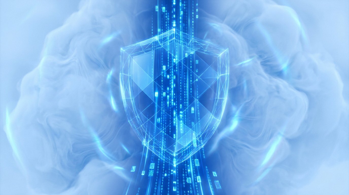 Un bouclier numérique bleu entouré de flux de données binaires et de nuages abstraits, symbolisant la cybersécurité.