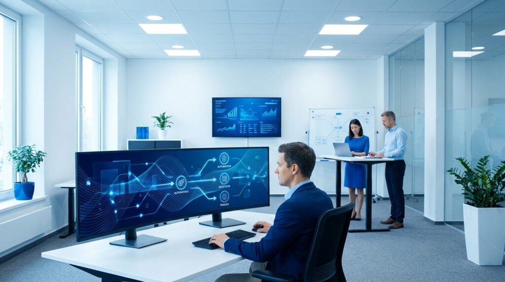 Un employé travaille sur un écran large montrant un flux de travail automatisé par IA dans un bureau moderne.