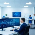 Un employé travaille sur un écran large montrant un flux de travail automatisé par IA dans un bureau moderne.