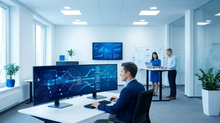 Un employé travaille sur un écran large montrant un flux de travail automatisé par IA dans un bureau moderne.