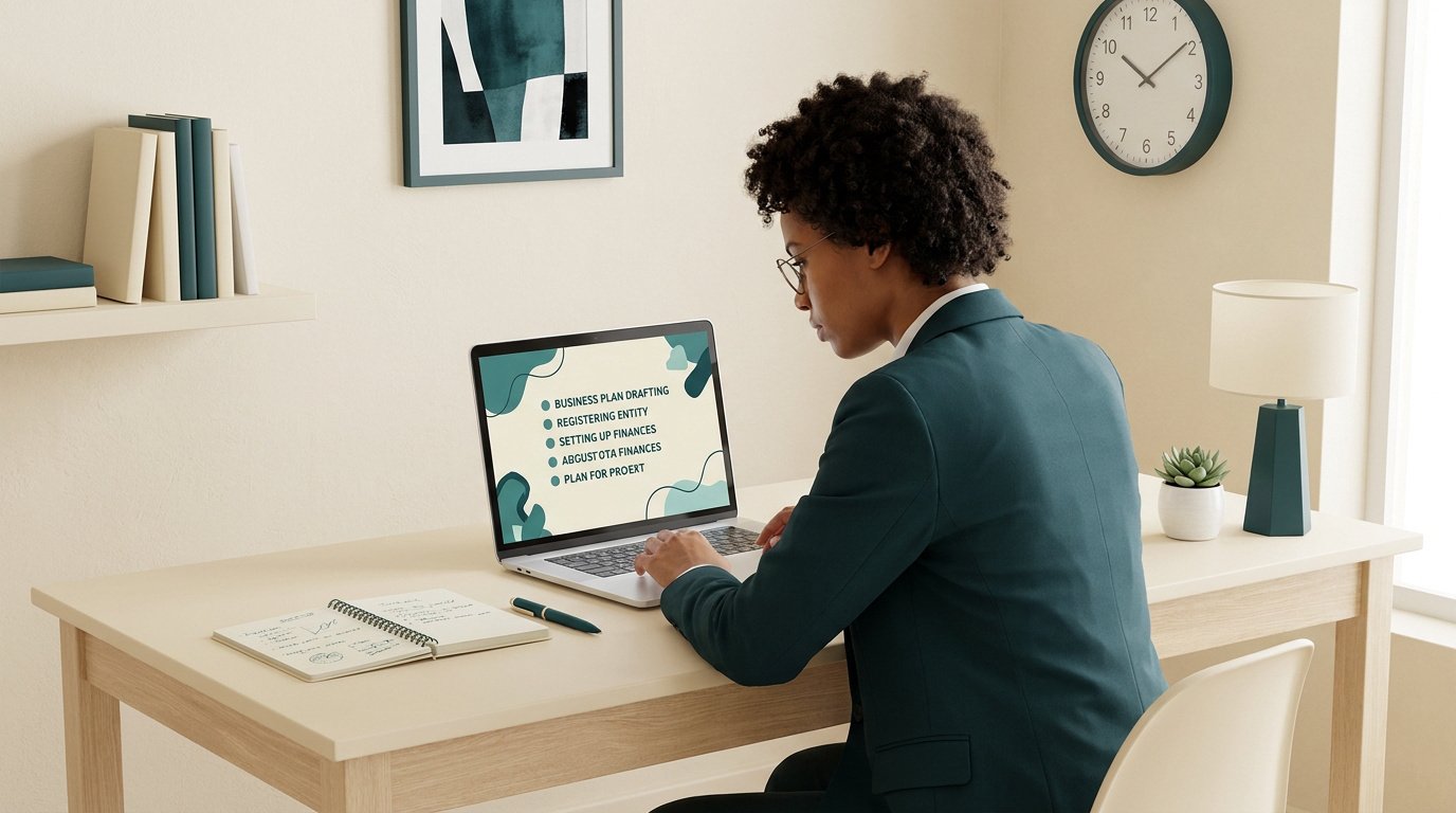 Une entrepreneure travaille sur son ordinateur portable avec une liste d'étapes pour créer son entreprise à l'écran.