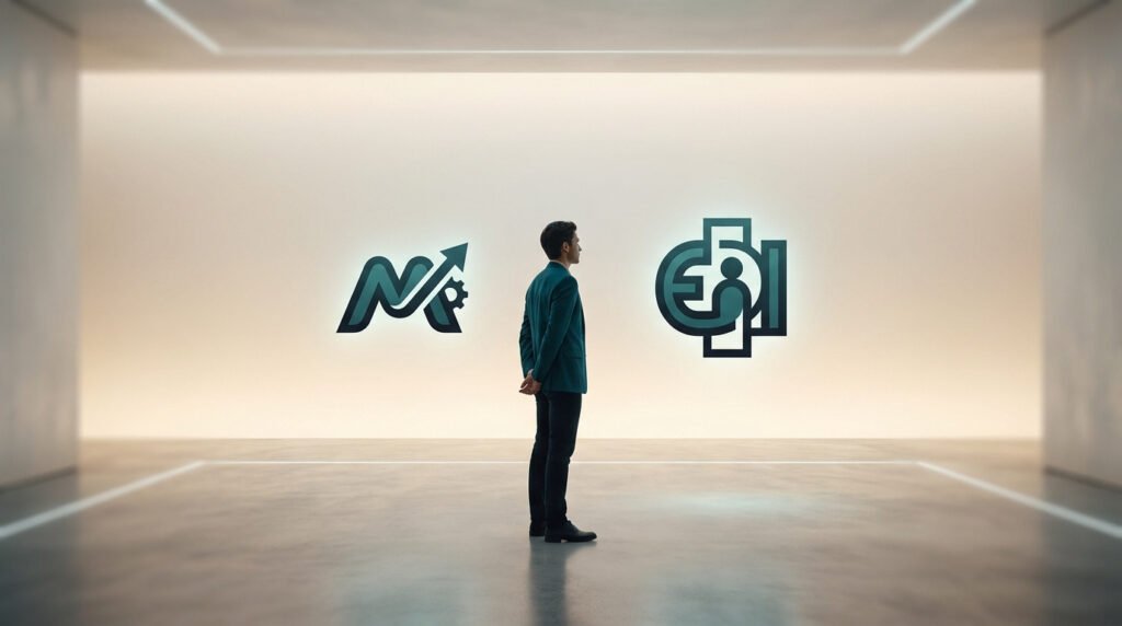 Un homme en costume observe deux logos lumineux sur un mur blanc, symbolisant le choix entre micro-entreprise et EI.