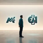 Un homme en costume observe deux logos lumineux sur un mur blanc, symbolisant le choix entre micro-entreprise et EI.
