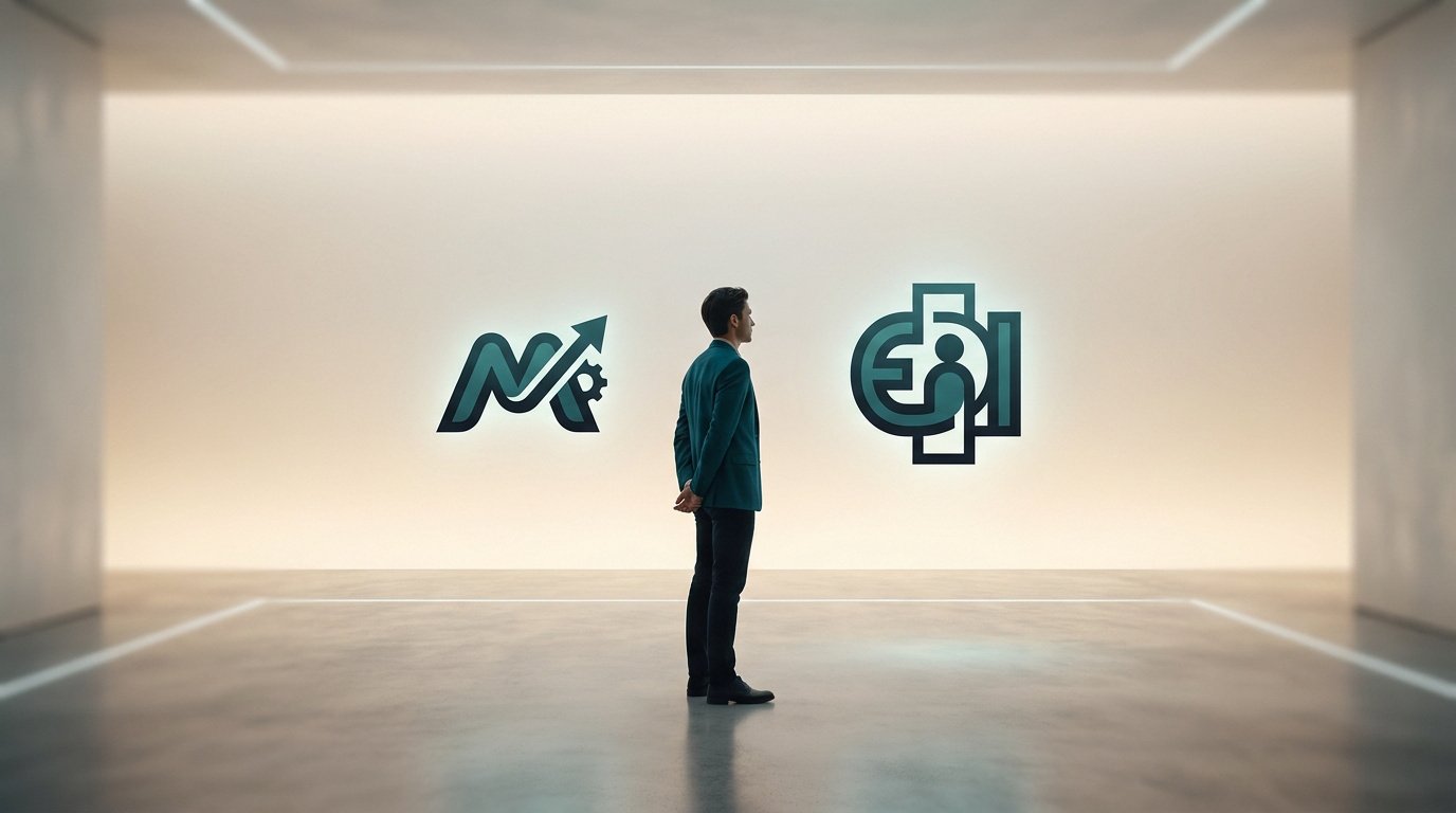 Un homme en costume observe deux logos lumineux sur un mur blanc, symbolisant le choix entre micro-entreprise et EI.