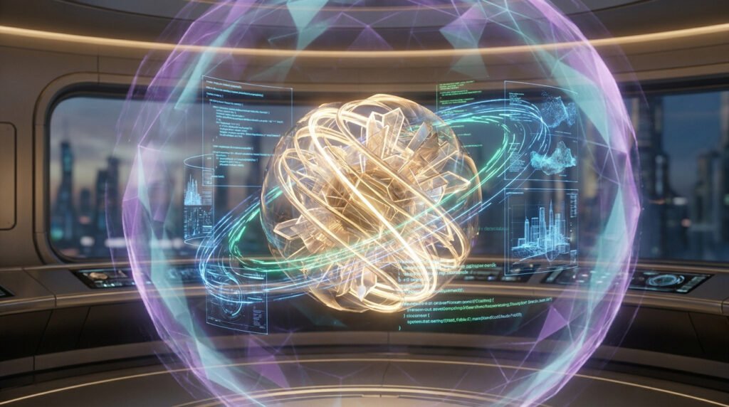 Une sphère lumineuse complexe flottant au centre d'un laboratoire futuriste entourée d'interfaces de données holographiques.