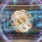 Une sphère lumineuse complexe flottant au centre d'un laboratoire futuriste entourée d'interfaces de données holographiques.