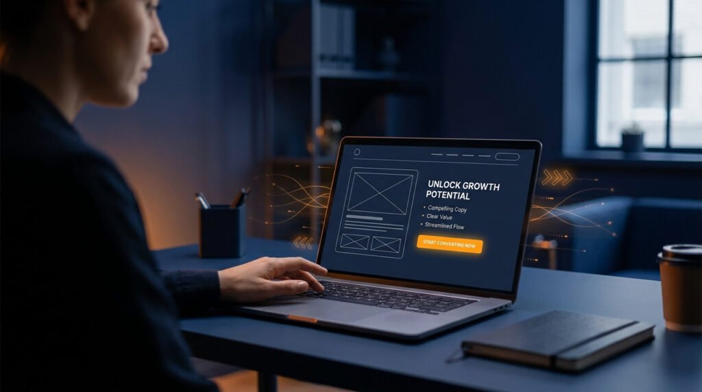 Une personne travaille sur un ordinateur portable affichant une maquette de landing page pour la conversion.