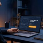 Une personne travaille sur un ordinateur portable affichant une maquette de landing page pour la conversion.