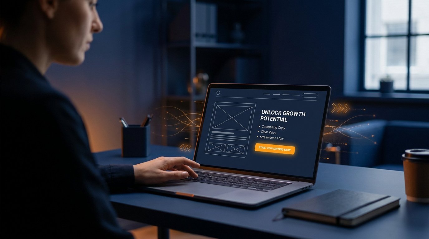 Une personne travaille sur un ordinateur portable affichant une maquette de landing page pour la conversion.