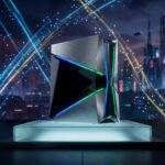Console de jeu au design futuriste en métal brossé avec éclairage LED néon sur fond de métropole cyberpunk.
