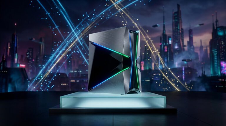 Console de jeu au design futuriste en métal brossé avec éclairage LED néon sur fond de métropole cyberpunk.