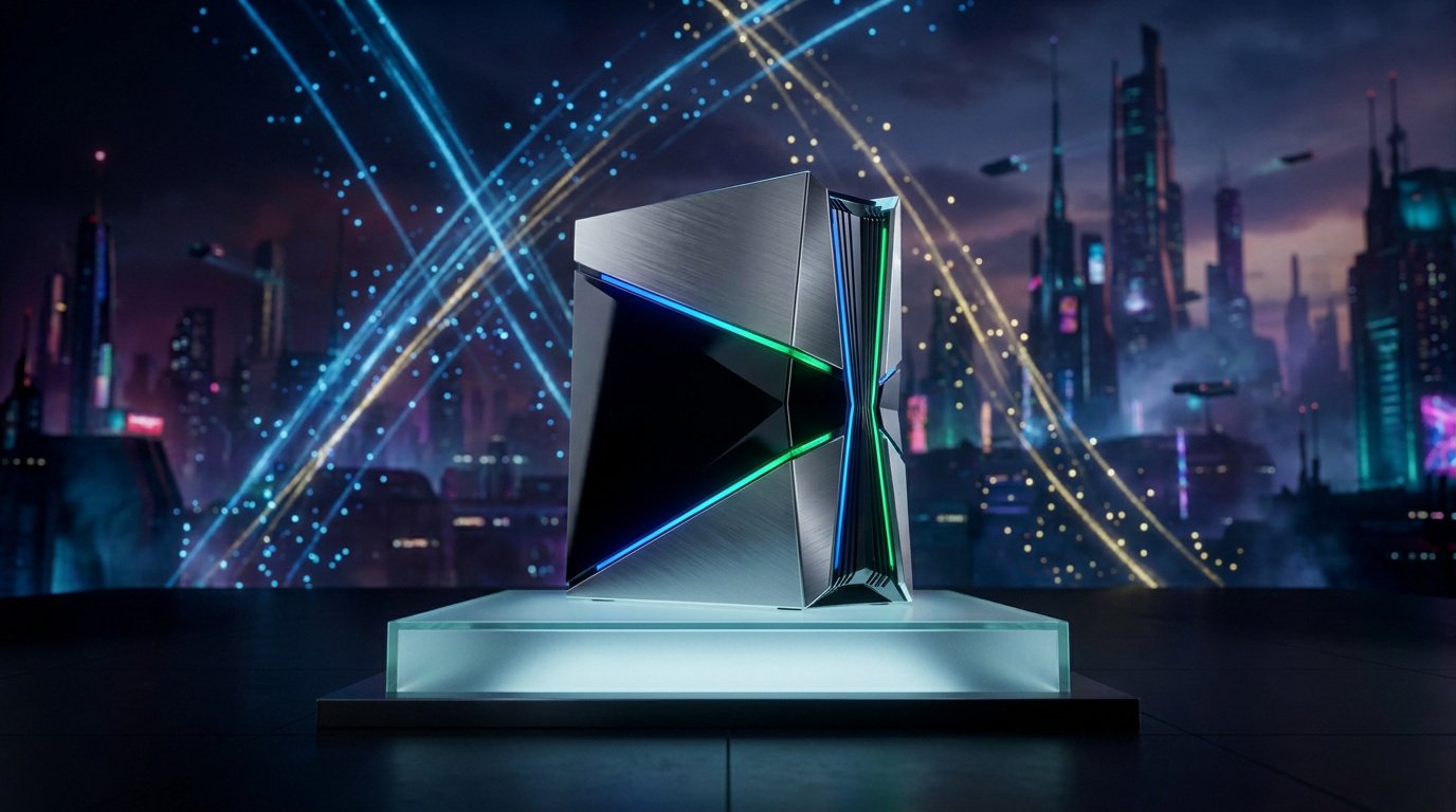 Console de jeu au design futuriste en métal brossé avec éclairage LED néon sur fond de métropole cyberpunk.