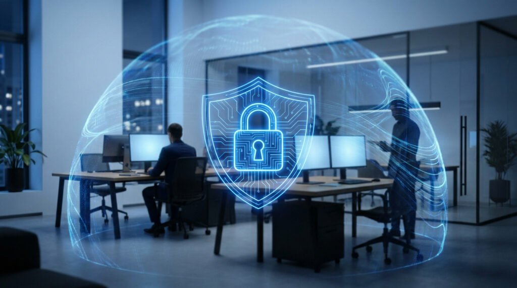 Bouclier numérique avec cadenas protégeant un espace de travail de bureau moderne et connecté.