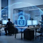 Bouclier numérique avec cadenas protégeant un espace de travail de bureau moderne et connecté.