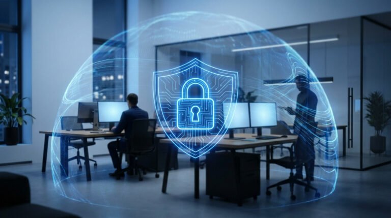 Bouclier numérique avec cadenas protégeant un espace de travail de bureau moderne et connecté.