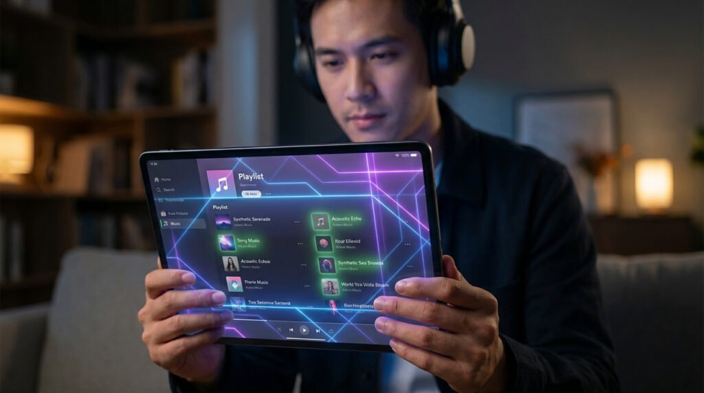 Un homme avec un casque audio utilise une tablette affichant une interface musicale futuriste avec des lignes néon.