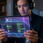 Un homme avec un casque audio utilise une tablette affichant une interface musicale futuriste avec des lignes néon.